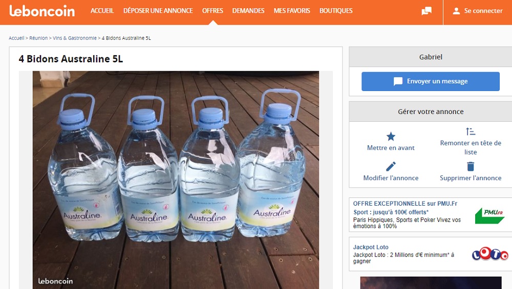 4 bidons d’eau à 120€ sur le bon coin à la Réunion